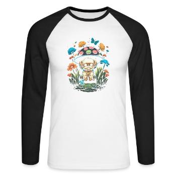 Cottagecore Aesthetic Mushroom Puppy Dog - Unisex Baseballshirt langarm - Weiß/Schwarz - Vorne - Nik (191cm)