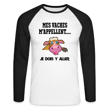Mes vaches m'appellent je dois y aller - T-shirt baseball manches longues Homme - blanc/noir - Devant - Nik (191cm)