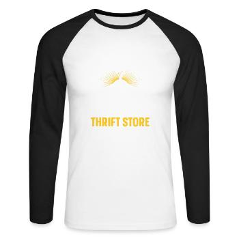 Secondhand Laden Hofverkauf Geschenk Thrifting - Unisex Baseballshirt langarm - Weiß/Schwarz - Vorne - Nik (191cm)