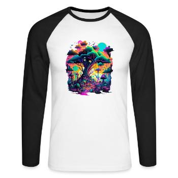Futuristische Fantasy Pilzlandschaft Pilze - Unisex Baseballshirt langarm - Weiß/Schwarz - Vorne - Nik (191cm)