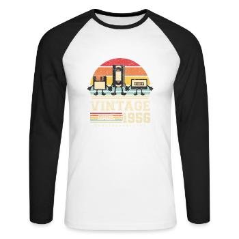 67e anniversaire Avril Né en 1956 Idée cadeau - T-shirt baseball manches longues Homme - blanc/noir - Devant - Nik (191cm)
