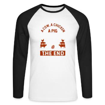 Eine Kuh, ein Huhn und ein Schwein gehen in einen - Unisex Baseballshirt langarm - Weiß/Schwarz - Vorne - Nik (191cm)