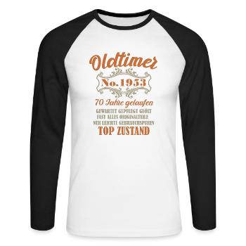 70 Geburtstag Oldtimer 1953 - Unisex Baseballshirt langarm - Weiß/Schwarz - Vorne - Nik (191cm)
