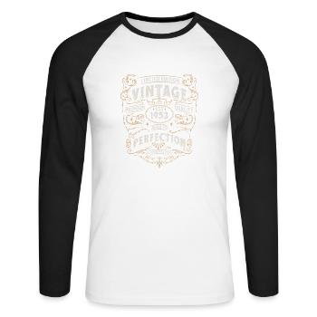 70e anniversaire avril Né en 1953 Idée cadeau - T-shirt baseball manches longues Homme - blanc/noir - Devant - Nik (191cm)