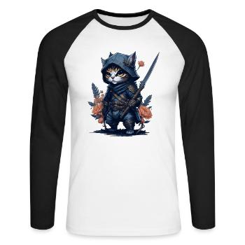 Préparez-vous à l’action avec le chat ninja - T-shirt baseball manches longues Homme - blanc/noir - Devant - Nik (191cm)