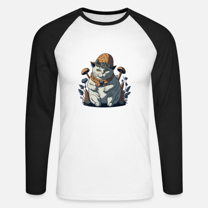 Fette Cottagecore-Katze mit Pilzhut - Unisex Baseballshirt langarm - Weiß/Schwarz