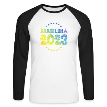 Barcelona 2023 - Unisex Baseballshirt langarm - Weiß/Schwarz - Vorne - Nik (191cm)