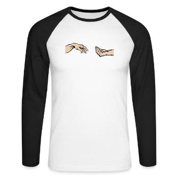 Geste de la main italien Création d'Adam Parody - T-shirt baseball manches longues Homme - blanc/noir - Devant - Nik (191cm)
