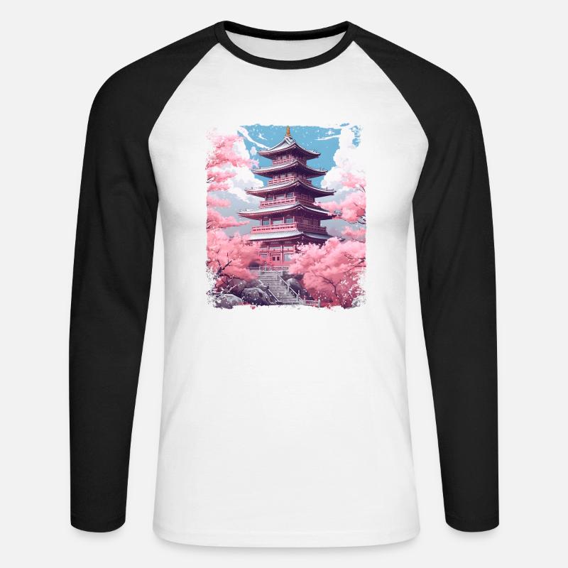 Kirschblüten-Sakura-Baum in einer Tempel-Dampfwelle - Unisex Baseballshirt langarm - Weiß/Schwarz