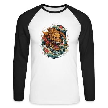 Asiatisch Drache Anime Japanisch Meer Wellen - Unisex Baseballshirt langarm - Weiß/Schwarz - Vorne - Nik (191cm)