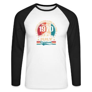 1970 Juli Vintage Made Juli 1970 Geschenk - Unisex Baseballshirt langarm - Weiß/Schwarz - Vorne - Nik (191cm)