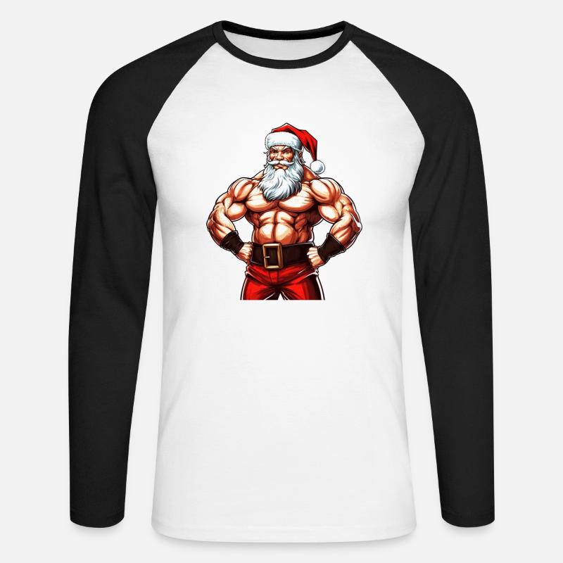 Santasaurus Flex: Weihnachts-Bodybuilder mit Weihnachtsmann - Unisex Baseballshirt langarm - Weiß/Schwarz