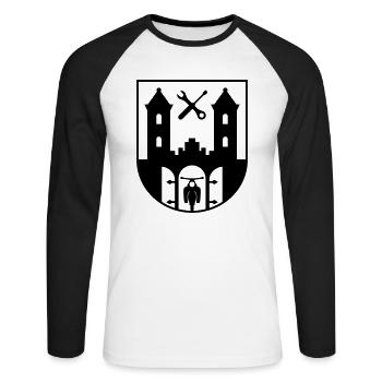 Emblème Suhl avec épervier étoilé (+ votre texte) - T-shirt baseball manches longues Homme - blanc/noir - Devant - Nik (191cm)