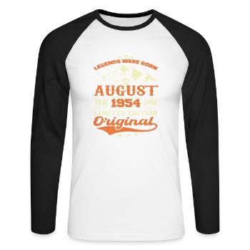 August 1954 Geburtstag 1954 Legenden August - Unisex Baseballshirt langarm - Weiß/Schwarz - Vorne - Nik (191cm)