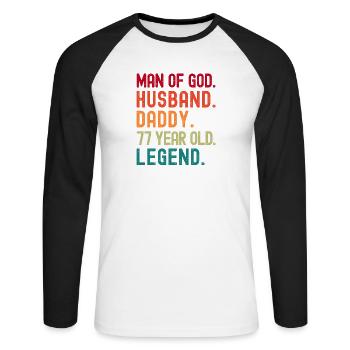 Mann Gottes Ehemann Papa Jahrgang 77. Geburtstag - Unisex Baseballshirt langarm - Weiß/Schwarz - Vorne - Nik (191cm)