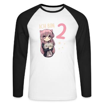 2 Jahre Mädchen Anime Kawaii Katze 2. Geburtstag - Unisex Baseballshirt langarm - Weiß/Schwarz - Vorne - Nik (191cm)