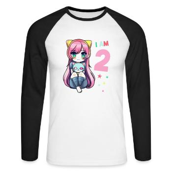2 Jahre Mädchen Anime Kawaii Katze 2. Geburtstag - Unisex Baseballshirt langarm - Weiß/Schwarz - Vorne - Nik (191cm)