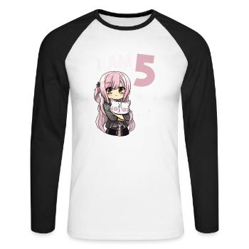 5 Years Girl Anime Kawaii Cat 5th Birthday - Unisex Long Sleeve Baseball T-Shirt - white/black - Front - Nik (191cm)