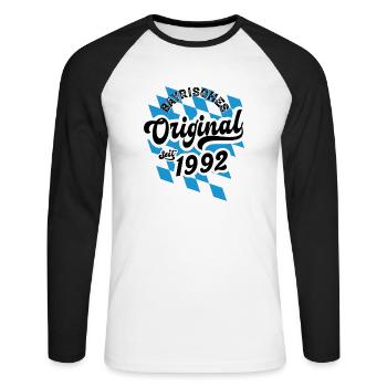 Bayrisches Original seit 1992 Geburtstag - Unisex Baseballshirt langarm - Weiß/Schwarz - Vorne - Nik (191cm)