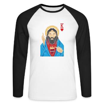 Jésus-Christ est Roi De Cœur Religieux Chrétien - T-shirt baseball manches longues Homme - blanc/noir - Devant - Nik (191cm)