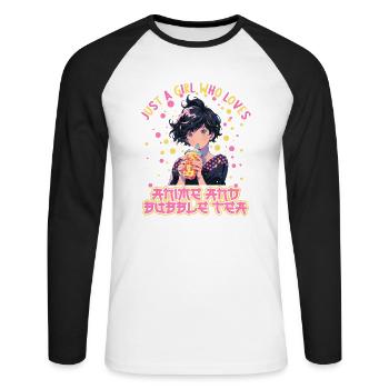 Just a girl who loves Anime and Boba Bubble Tea - Unisex Baseballshirt langarm - Weiß/Schwarz - Vorne - Nik (191cm)
