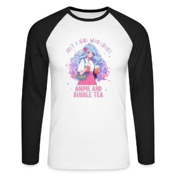 Just a girl who loves Anime and Boba Bubble Tea - Unisex Baseballshirt langarm - Weiß/Schwarz - Vorne - Nik (191cm)