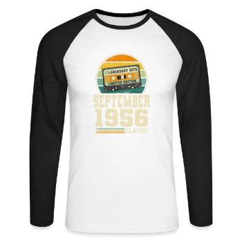 67th Birthday September Vintage 1956 Vintage - Unisex Long Sleeve Baseball T-Shirt - white/black - Front - Nik (191cm)