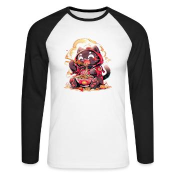 Anime Manga Kawaii Cat Eats Ramen Noodles - Unisex Long Sleeve Baseball T-Shirt - white/black - Front - Nik (191cm)