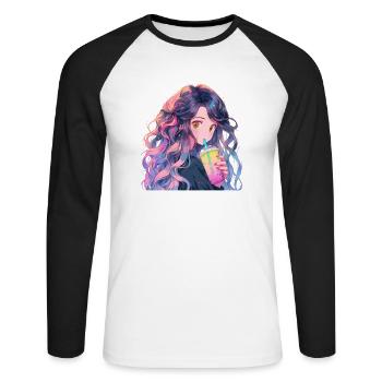 Anime et Boba Bubble Tea - T-shirt baseball manches longues Homme - blanc/noir - Devant - Nik (191cm)
