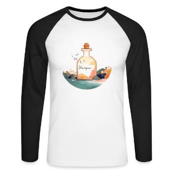 Flacon de parfum « Unique » dans un paysage magnifique - T-shirt baseball manches longues Homme - blanc/noir - Devant - Nik (191cm)