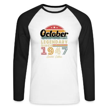 Cadeau D'anniversaire Octobre 1947 Vintage - T-shirt baseball manches longues Homme - blanc/noir - Devant - Nik (191cm)