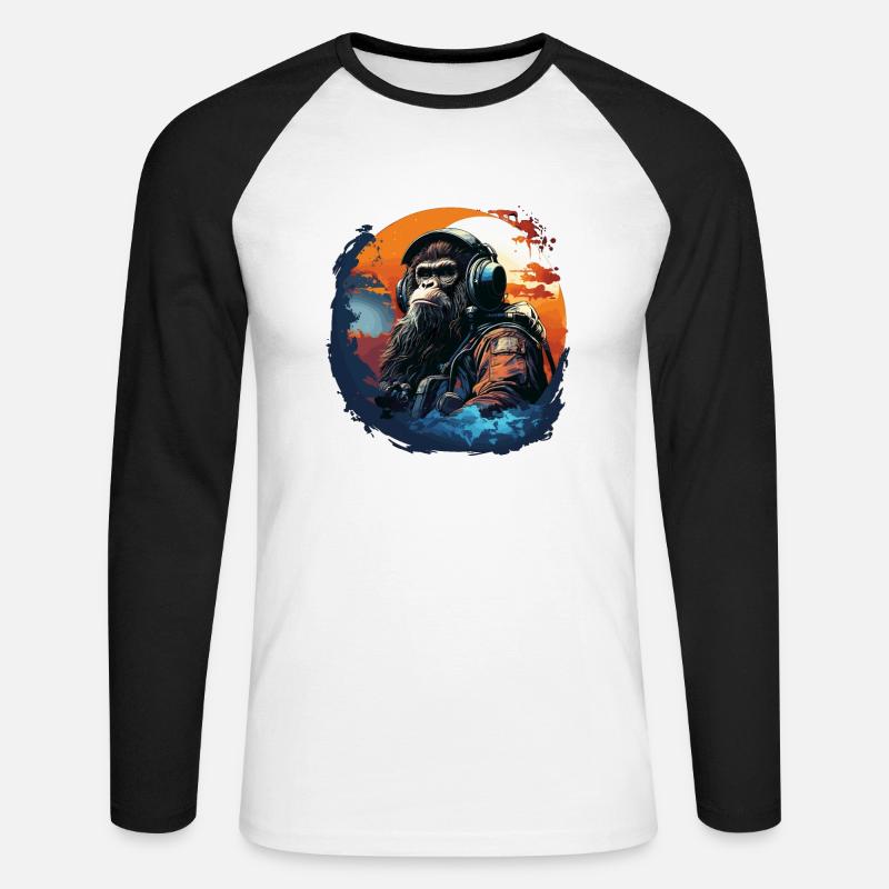 Cooler Affe mit Kopfhörer - Ape, Monkey Graphics - Unisex Baseballshirt langarm - Weiß/Schwarz