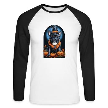 Bouledogue français avec chapeau de sorcière Halloween - T-shirt baseball manches longues Homme - blanc/noir - Devant - Nik (191cm)