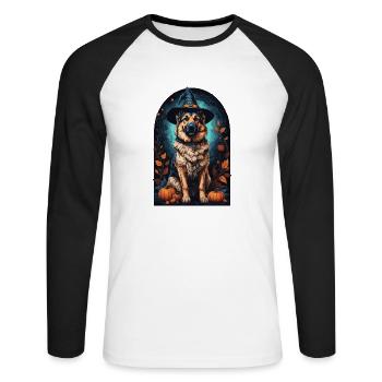 Berger allemand avec chapeau de sorcière Halloween - T-shirt baseball manches longues Homme - blanc/noir - Devant - Nik (191cm)