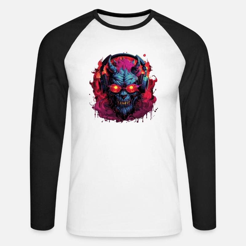 Teufel Dämom Monster mit Kopfhörer - Unisex Baseballshirt langarm - Weiß/Schwarz