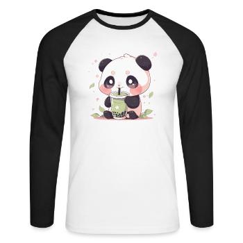 Kawaii Panda trinkt Boba Bubble Tea Chibi - Unisex Baseballshirt langarm - Weiß/Schwarz - Vorne - Nik (191cm)
