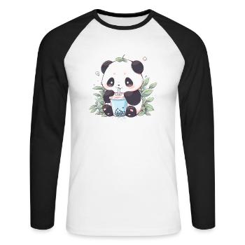Kawaii Panda trinkt Boba Bubble Tea Chibi - Unisex Baseballshirt langarm - Weiß/Schwarz - Vorne - Nik (191cm)