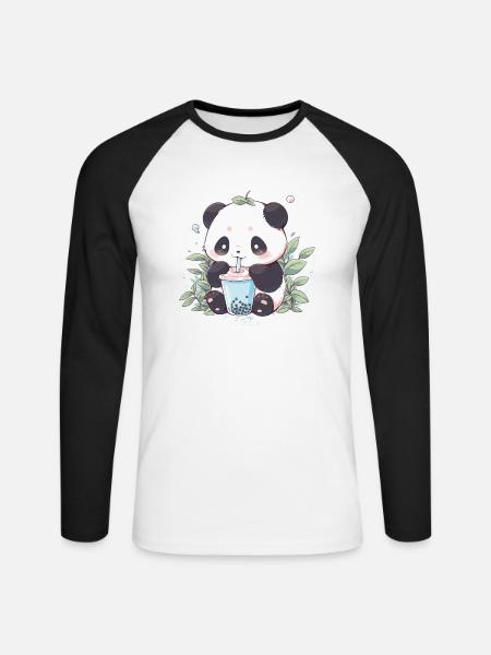Kawaii Panda Drinks Boba Bubble Tea Chibi - Unisex Long Sleeve Baseball T-Shirt - white/black