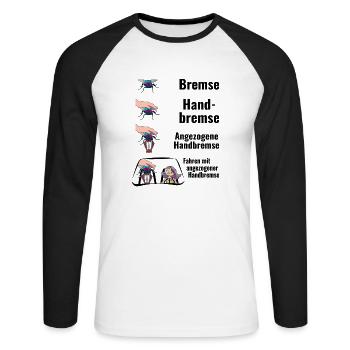 Bremse Humor Fliege Meme - Unisex Baseballshirt langarm - Weiß/Schwarz - Vorne - Nik (191cm)