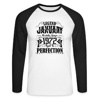 Janvier 1972. Cadeau d'Anniversaire janvier 1972. - T-shirt baseball manches longues Homme - blanc/noir - Devant - Nik (191cm)