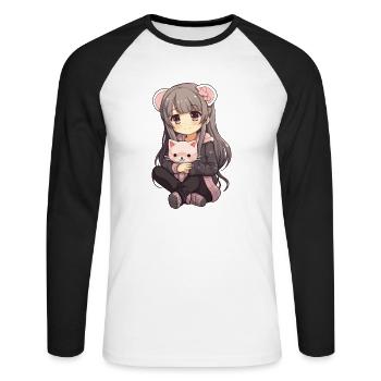Kawaii Girl Anime Manga Fille et chat - T-shirt baseball manches longues Homme - blanc/noir - Devant - Nik (191cm)