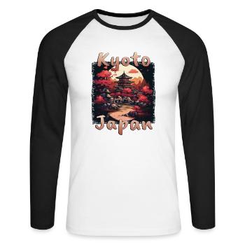 Kyoto Japan: Sonne und Flagge im Grunge-Stil - Unisex Baseballshirt langarm - Weiß/Schwarz - Vorne - Nik (191cm)