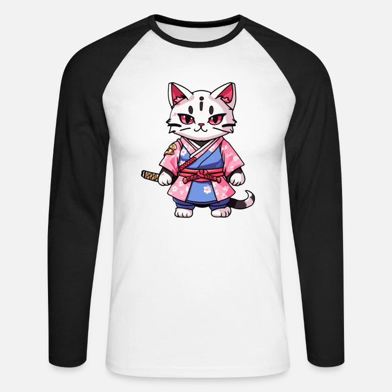 Samurai Katze & Kirschblüten #14 - Unisex Baseballshirt langarm - Weiß/Schwarz