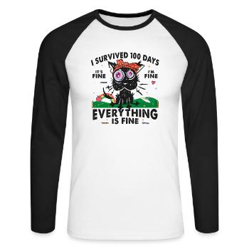 100 Tage Schulkatze ES IST IN ORDNUNG, MIR GEHT ES GUT - Unisex Baseballshirt langarm - Weiß/Schwarz - Vorne - Nik (191cm)