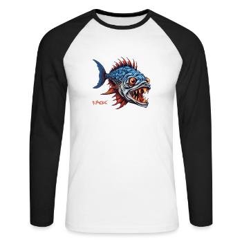 Jäger-Prädator-Fisch-Cartoon - Unisex Baseballshirt langarm - Weiß/Schwarz - Vorne - Nik (191cm)