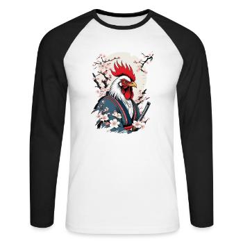 Coq Vintage samouraï Ukiyo-E Style Design - T-shirt baseball manches longues Homme - blanc/noir - Devant - Nik (191cm)