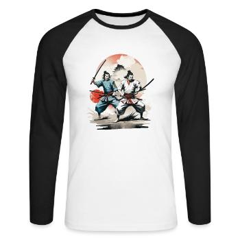 Samouraï photo rétro Vintage Ukiyo-E esthétique - T-shirt baseball manches longues Homme - blanc/noir - Devant - Nik (191cm)