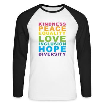 Bienveillance Paix Égalité Arc-en-ciel Gay Pride LGBT - T-shirt baseball manches longues Homme - blanc/noir - Devant - Nik (191cm)