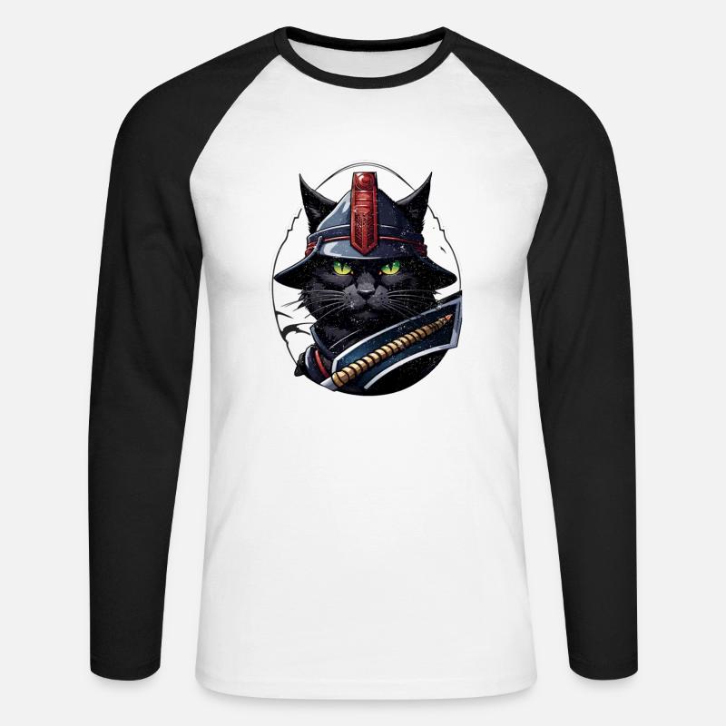 Ninja Katze - Samurai Kätzchen - Unisex Baseballshirt langarm - Weiß/Schwarz