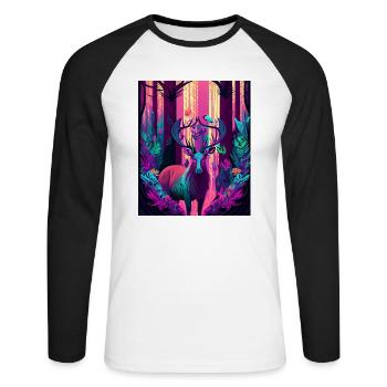 Leuchtender Waldhirsch mit Neonvogel - Unisex Baseballshirt langarm - Weiß/Schwarz - Vorne - Nik (191cm)
